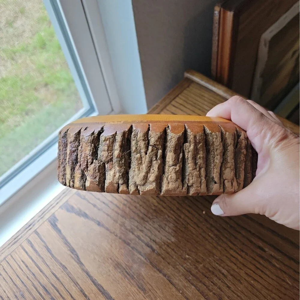 Vtg MCM Nut Bowl Rustic Edge Tree Bark Set with 1 Nutcracker 9